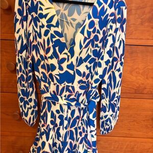 Milly Blue and White Floral Wrap Dress with Long Sleeves